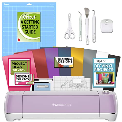 Cricut Explore Air 2 Lilac Machine Bundle - Beginner Guide, Tool Kit, Vinyl Pack, Designs & Project Inspiration - Lilac Tools & Vinyl