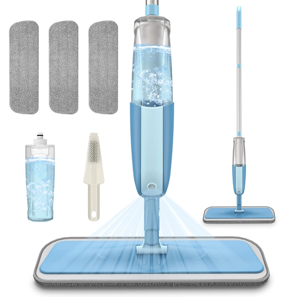 MEXERRIS Microfiber Spray Mop for Floor Cleaning Wet Dry Mop 360 Degree Spin Microfiber Dust Mop Hardwood Floor Mop with 410ML Refillable Bottle Include 3 Microfiber Reusable Pads and 1 Scrubber