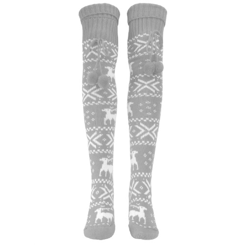 1 Pair Christmas Socks, Winter Knee High Socks Deer Snowflakes Overknee Socks with Pompoms, Long Striped Socks Leg Warmers Thigh Socks for Women, Girls, Grey - Gray
