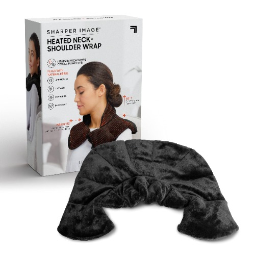 SHARPER IMAGE Warm & Cooling Herbal Aromatherapy Neck & Shoulder Plush Wrap Pad for Soothing Muscle Pain and Tension Relief Therapy, 100% Natural Lavender & Herb Spa Blend, Holiday Gift - Black