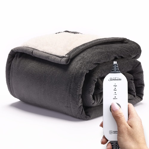 Sunbeam Royal Mink Sherpa Night Fog Heated Throw - Night Fog