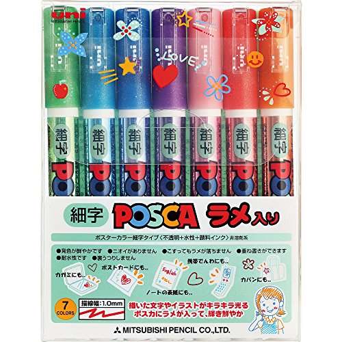 Uni Posca Glitter Marker Pc-3ml 7C, Fine Point, 7 Colors Set - Assorted