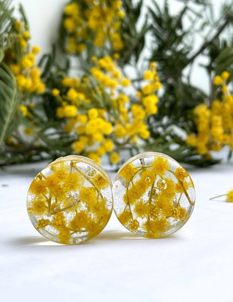 Mimosa tree flower transparent plugs, Yellow gauges, Natural gauges tunnels Real flower transparent ear plugs  Ear tunnels  Bio Base Gauges