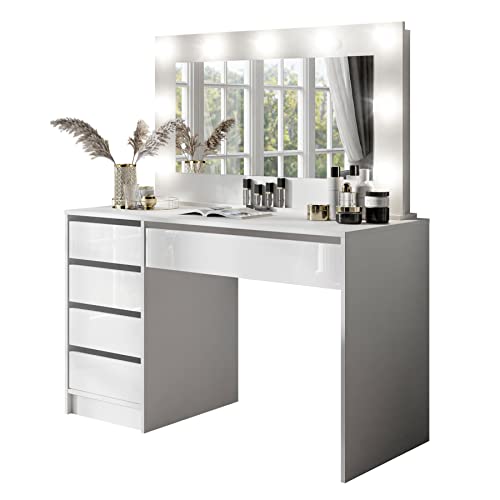 lukmebel MADA - Schminktisch mit Spiegel - Schminkspiegel mit Beleuchtung - Schubladen - Weiß Hochglanz (Make Up Tisch, Frisiertisch, Kosmetiktisch, Vanity Table)