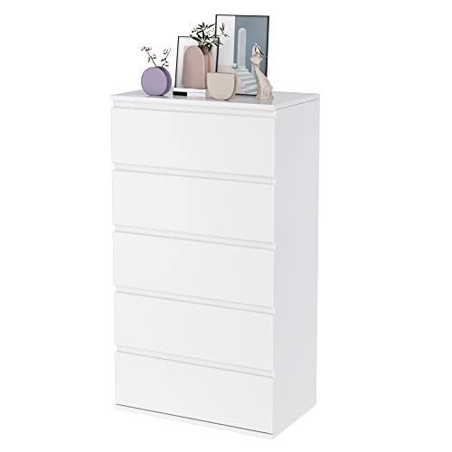 FOREHILL Kommode mit 5 Schubladen in Weiß, Sideboard Holz, Schubladenschrank für Flur Schlafzimmer Wohnzimmer 55x33x100cm - Weiß