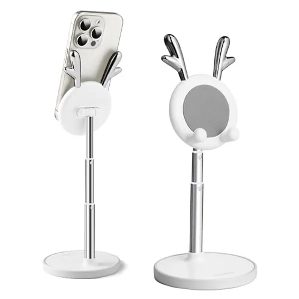 OATSBASF Cute Cell Phone Stand, Adjustable Deer Ears Phone Stand for Desk, Thick Case Friendly Holder Compatible with iPhone, Kindle, iPad, Switch, All Phones (Deer Ears White)
