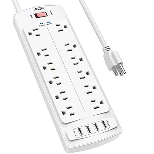 Power Strip,ALESTOR Surge Protector with 12 Outlets and 4 USB Ports, 6 Feet Extension Cord (1875W/15A) for for Home, Office, Dorm Essentials, 2700 Joules, ETL Listed (White)…