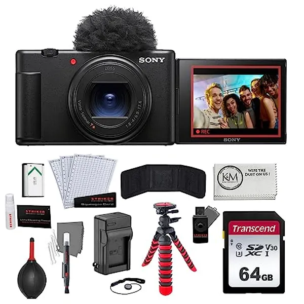 Sony ZV-1 II Digital Camera | Black Bundled with Extra NP-BX1 Battery + 12" Tripod + Battery Charger + 64GB Memory Card + Microfiber Cleaning Cloth + Photo Starter Kit (11 Pieces) (7 Items)
