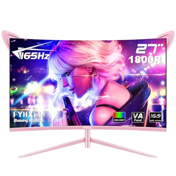 FYHXele 27 inch Gaming Monitor, 1800R Curved Gaming Monitor, FHD-1920X1080P, 165Hz, 1ms, FreeSync/G-Sync, Ultrawide PC Monitor, HDMI/DisplayPort/USB Vesa/Wall Mount Computer Monitor-Pink