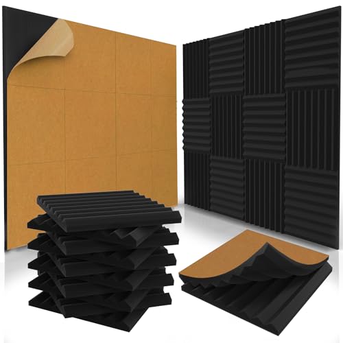 48 Pack Self-Adhesive Acoustic Panels 1 X 12 X 12 Inches - Acoustic Foam - Studio Foam Wedges - High Density Panels - Soundproof Wedges - Charcoal - 48 Self-Adhesive Charcoal