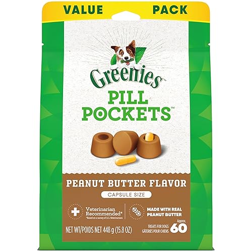 GREENIES PILL POCKETS for Dogs Capsule Size Natural Soft Dog Treats with Real Peanut Butter, 15.8 oz. Pack (60 Treats) - Peanut Butter - 60 Count (Pack of 1)