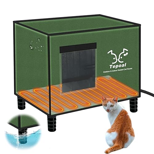Indestructible Heated Cat House for Outdoor Cats in Winter, 100% Waterproof & Weatherproof Heated Cat House for Outside, Fully Insulated Feral Cat Shelter for Outdoor Barn Strays, 16 x 12 x 13 in - Green-16"x12"x13"