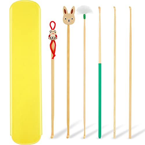 Tondiamo 6 Pieces Bamboo Wood Ear Pick Bamboo Ear Pickers Ear Cleaning Tools for Humans Bamboo Cute Doll Bunny Goose Feather Earpick for Adults Kids Ear Cleaning Kit