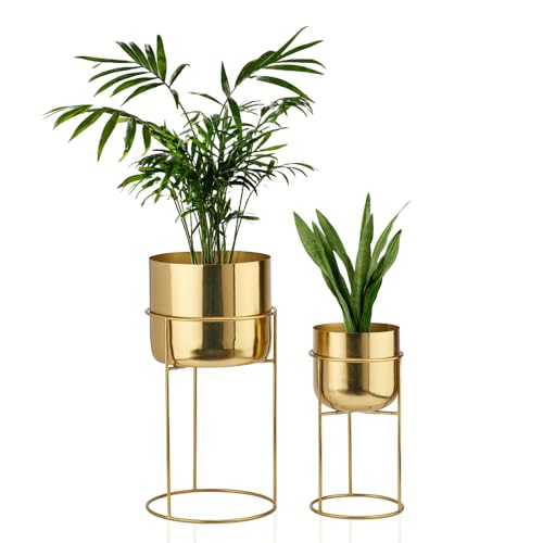 LB2 Gold Metal Planter with Removable Stand, Set of 2 11.5 inch & 8.5 inch, Mid Century Planter pots for Living Room, Office, Garden or Balcony, Flower Pot Decorative Gift with Brass Finish