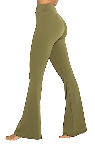 Sunzel Womens Flare Leggings with Tummy Control Crossover Waist and Wide Leg - 32" Inseam - Small - Martini Olive
