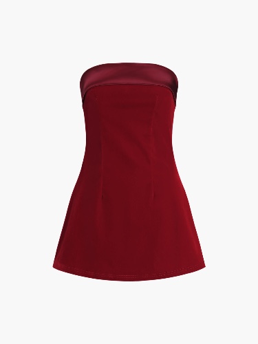 Satin Velvet Strapless Short Dress | Red / S