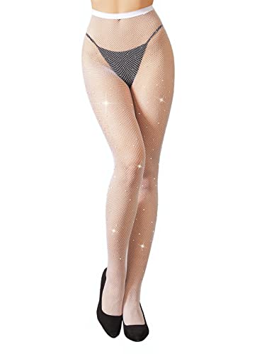 MengPa Women's Fishnets Sparkly Tights High Waist Rhinestone Stockings - One Size - Small Hole-white