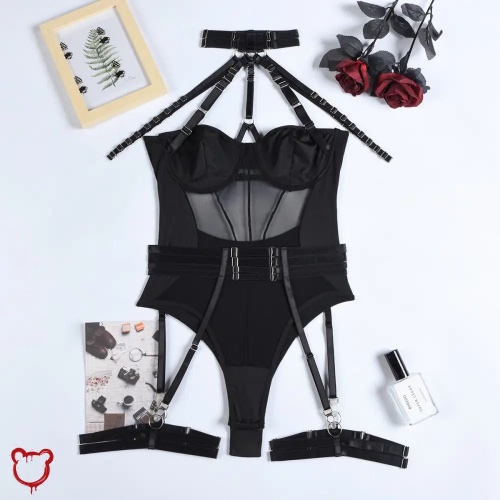 Black Gothic Suspenders Bodysuit Set - Black / S