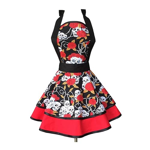 Hyzrz Halloween Costume Skull Skeleton Bones Featured Retro Aprons for Women Girls Cake Kitchen Cook Apron (Skull head) - Skull Head
