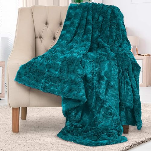Everlasting Comfort Faux Fur Throw Blanket - Soft, Fluffy, Fuzzy, Plush, Thick, Minky Throws - F. Teal - Faux Fur