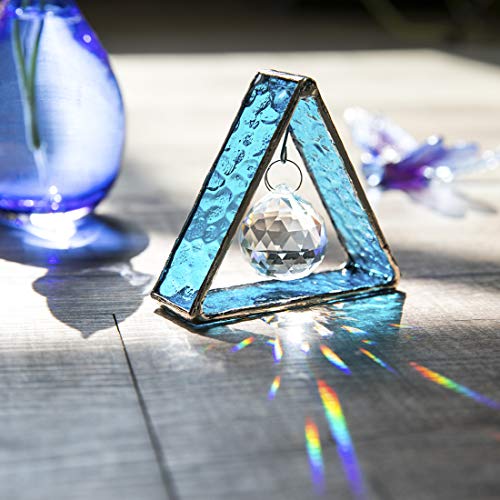 H&D HYALINE & DORA Stained Glass Window Sun Catcher Hangings Pyramid Colored Glass Hanging Ornament for Wall, Window，Car and Party Decoration,Blue - Blue