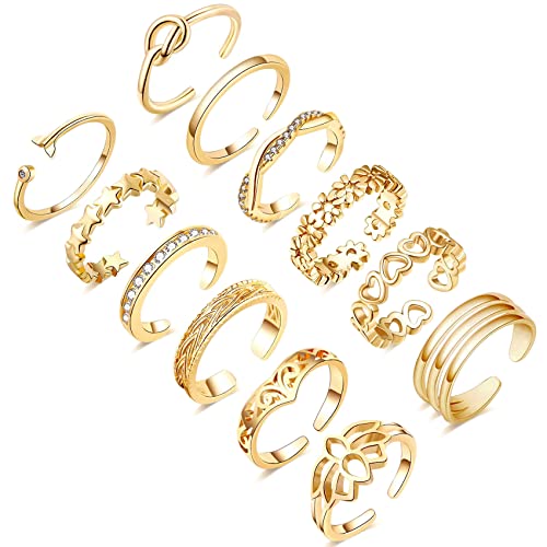 Honsny 12PCS 14K Gold Plated Toe Rings for Women Adjustable Band Rings Open Flower CZ Toe Ring Set Beach Foot Jewelry - Gold