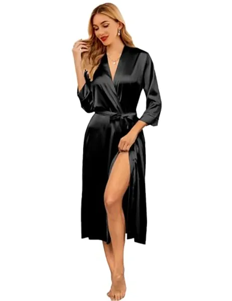 Ekouaer Silk Robes for Women Long Satin Bride Bridesmaid Wedding Party Robes Lightweight Sexy Sleepwear with Pockets