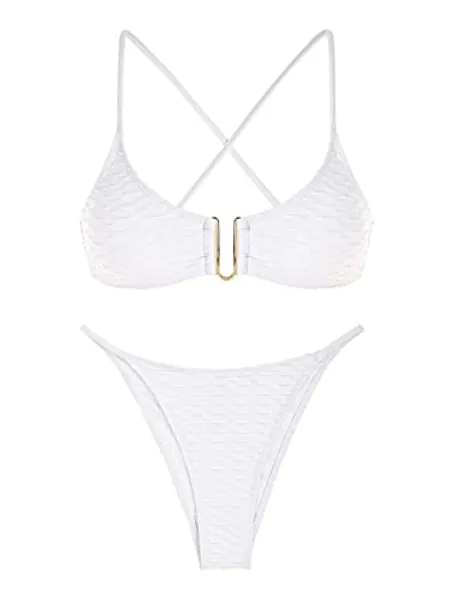 ZAFUL Women's Two Piece Swimsuit Textured U-Wired Metal Criss Cross String Bikini High Leg Bathing Suits