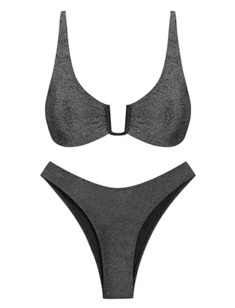 ZAFUL Women's Two Piece Swimsuit Textured U-Wired Metal Criss Cross String Bikini High Leg Bathing Suits