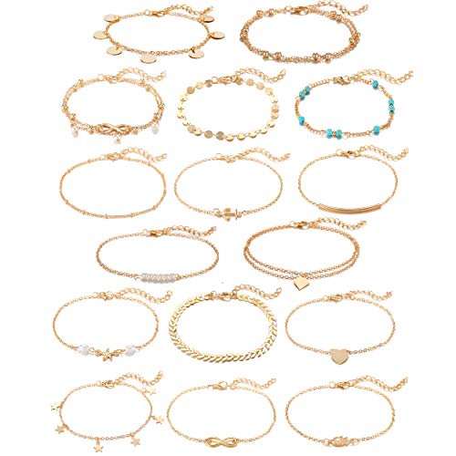 Softones 16Pcs Ankle Bracelets for Women Girls Gold Silver Two Style Chain Beach Anklet Bracelet Jewelry Anklet Set,Adjustable Size - B:Gold