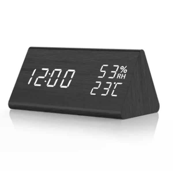 Digital Alarm Clock, RIIKUNTEK Desk Clock, Bedside Clock, Alarm Clock Bedside, LED Display w/ Time Temperature Humidity, 3 Alarms, 3 Brightness Dimmer, Voice Control, Clocks for Bedrooms, Office