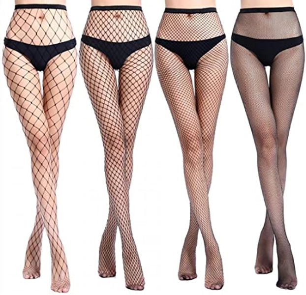 Fairydreamy Womens Black Fishnet Lace High Waist Tights Suspender Pantyhose Stretchy Thigh-High Stockings (4 pair-Black)