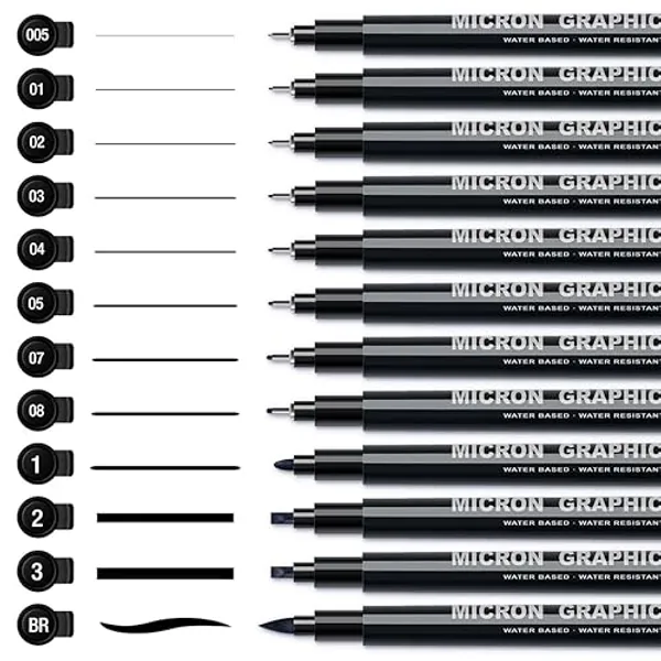 AKARUED Fineliner Schwarz Stifte, 12 Stück Fineliner Set Schwarz, Wasserfest Tuschestifte zum Skizzieren, Permanent Pigment Liner zum Bullet Journal Künstler Illustration, Tchnische Zeichnung