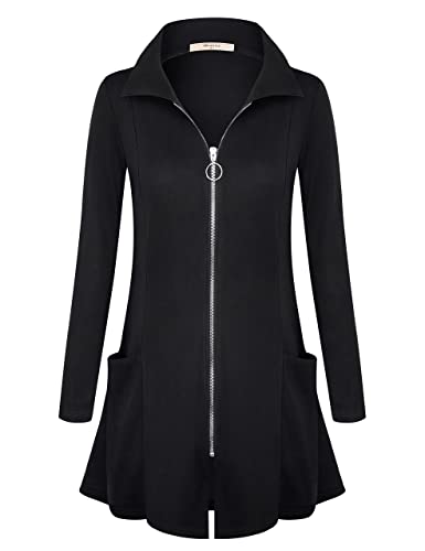 Miusey Womens Zip Up Tunic Sweatshirt Collar Neck Lightweight Long Jacket Cardigans - Black - Large