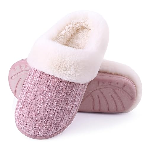Evshine Warm Knit House Slippers for Women Comfy Wool-Like Lined Chenille Slippers with Memory Foam and Indoor Outdoor Soles - 9.5-10.5 - Pink