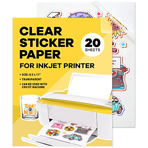 90% Clear Sticker Paper for Inkjet Printer (20 Sheets) - Transparent Glossy 8.5 x 11 - Printable Vinyl - Clear Sticker Paper - Clear Vinyl Sticker Paper - Clear Sticker Printer Paper - Clear Inkjet