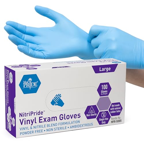 MED PRIDE NitriPride Nitrile-Vinyl Blend Exam Gloves, Large 100 - Powder Free, Latex Free & Rubber Free - Single Use Non-Sterile Protective Gloves for Medical Use, Cooking, Cleaning & More - 100 - Large