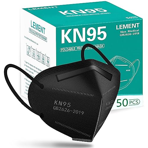 LEMENT 50pcs KN95 Face Mask Black 5 Layer Cup Dust Safety Masks Filter Efficiency≥95% Breathable Elastic Ear Loops Black Masks - 1 Count (Pack of 50) - 50pcs