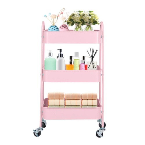 3-Tier Metal Mesh Utility Rolling Cart Storage Organizer with Wheels, Pink - Pink