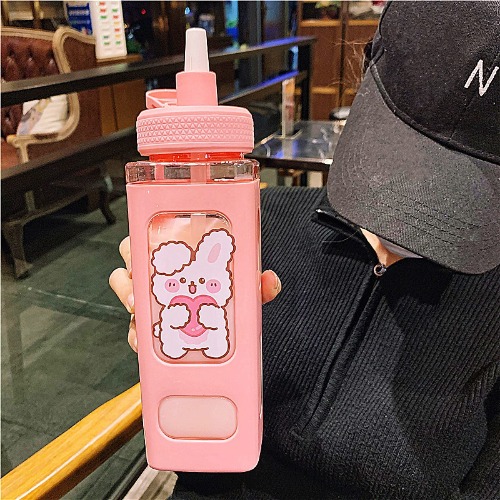Kawaii Bear Water Bottle With Straw Sport Plastic Portable Square Drinking Bottle For Girl Cute Juice Tea Water Cups 700ml(Pink,700ml) - Pink 700ml