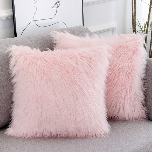 WLNUI Set of 2 Pink Fluffy Pillow Covers New Luxury Series Merino Style Blush Faux Fur Decorative Throw Pillow Covers Square Fuzzy Cushion Case 18x18 Inch - 18 x 18-Inch Pink