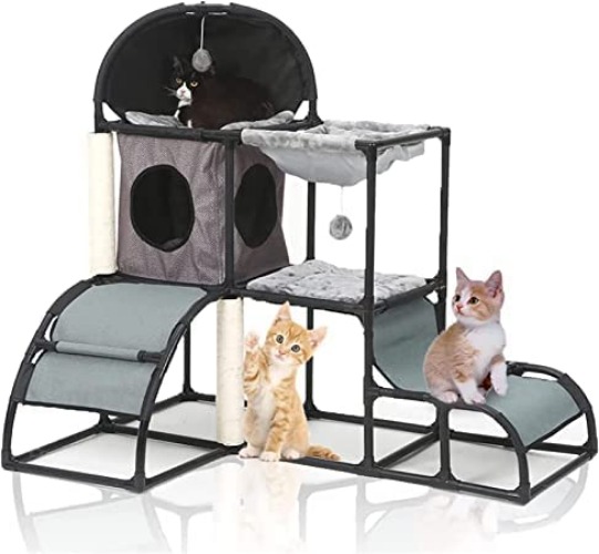 Klösträd, stabil klätterställning för katter, kattslipning, klor, liggytor och stege, katter, klätterträd, modern, stabil med katthus, kattsäng (A) - en