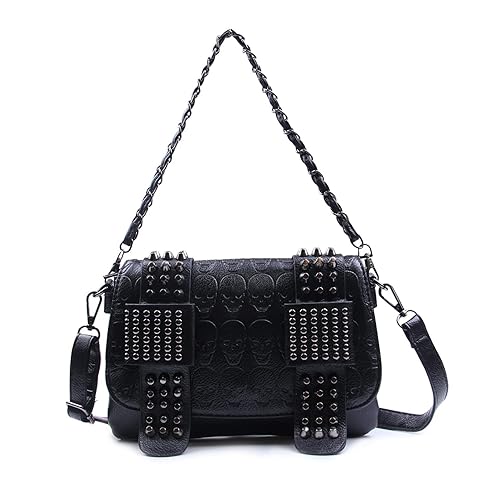 Syrads Women's Crossbody Shoulder Bag Punk Gothic Studs PU Handbag Skull Rivet Studded Crossbody Bag - Black-01