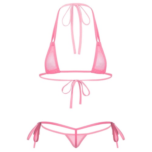 Womens See Through Micro Lingerie Set Bikini Suit Triangle Badkläder Mesh Strappy Halter Neck BrasThong Briefs-Pink, OneSize - Rosa