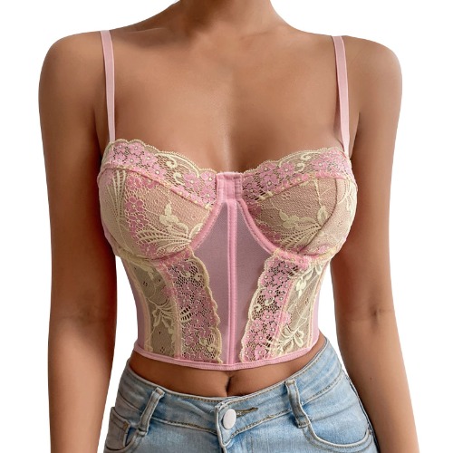 Undershirt Tops for Women Women Lace Bra Strapless Satin Tube Top Crop Bustier Top Sheer Casual Blouse Tops Mini Bustier Low Backless Dress Women - S