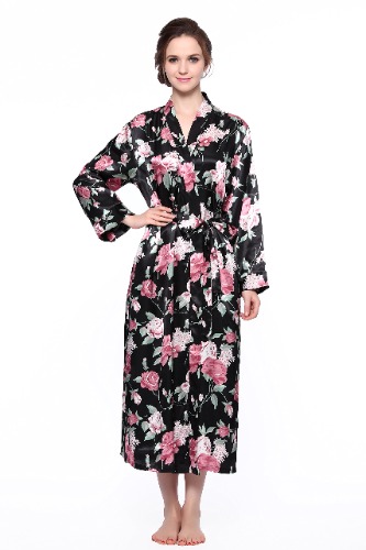 Lavenderi Women's Long Classic Satin Kimono Lounge Bathrobe Robe - XX-Large - Black Floral Print