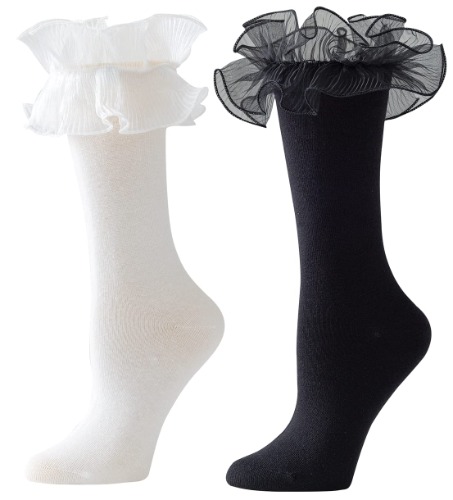 SEMOHOLLI Large Lace Frilly Socks – Women Ruffle Frilly Comfortable Princess Socks for Festival,Party,Performance - 2 Pairs-white-black