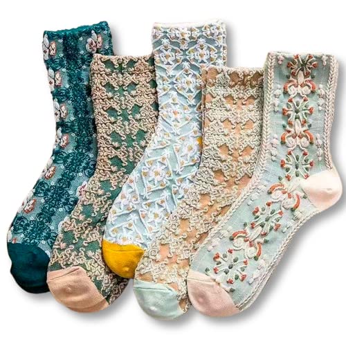 VETEVORY Women Vintage Pink Floral Patterned Cute Ruffle Cotton Ankle Socks 5 Pairs - 5-8 - Multi_c