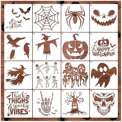 16 Pieces Halloween Stencils Reusable Ghost Spooky Bat Witch Stencil Skull Skeleton Spider Web Pumpkin Stencils for Painting on Wood DIY Crafts Doormat Fabrics (16 Halloween) - 16 Boo