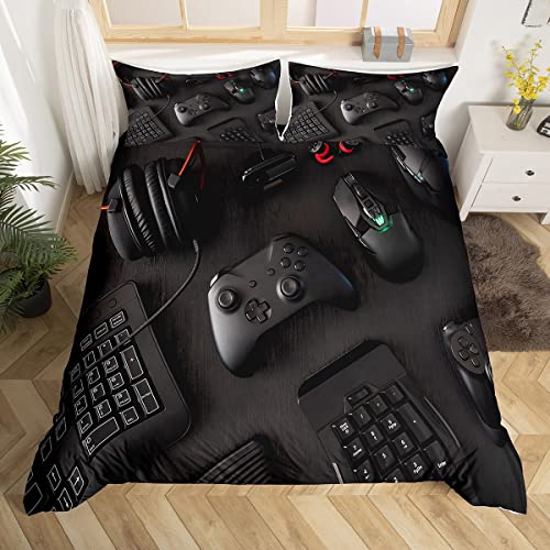 Modern Gamepad Bedding Set, Boys Youth Video Game Controller Mouse Keyboard Headphone Gaming Equipment Comforter Cover, Decorative 3 Piece Duvet Cover With 2 Pillow Shams, Queen Size, Red Black White - Colour 3 - Queen(1 duvet cover+ 2 pillow shams)